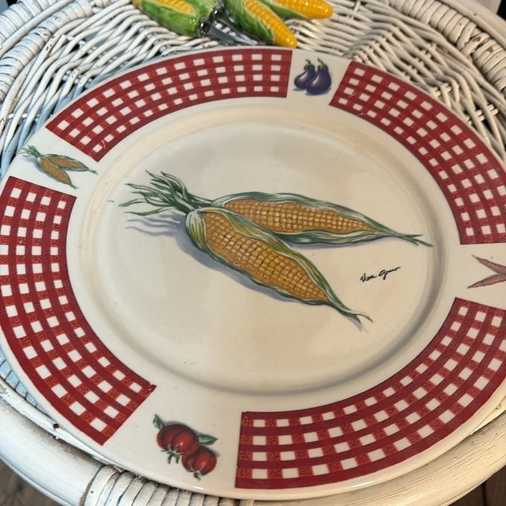 Red Gingham Corn Plate & Ceramic Corn Shaped holders / Small Forks Vintage 80s